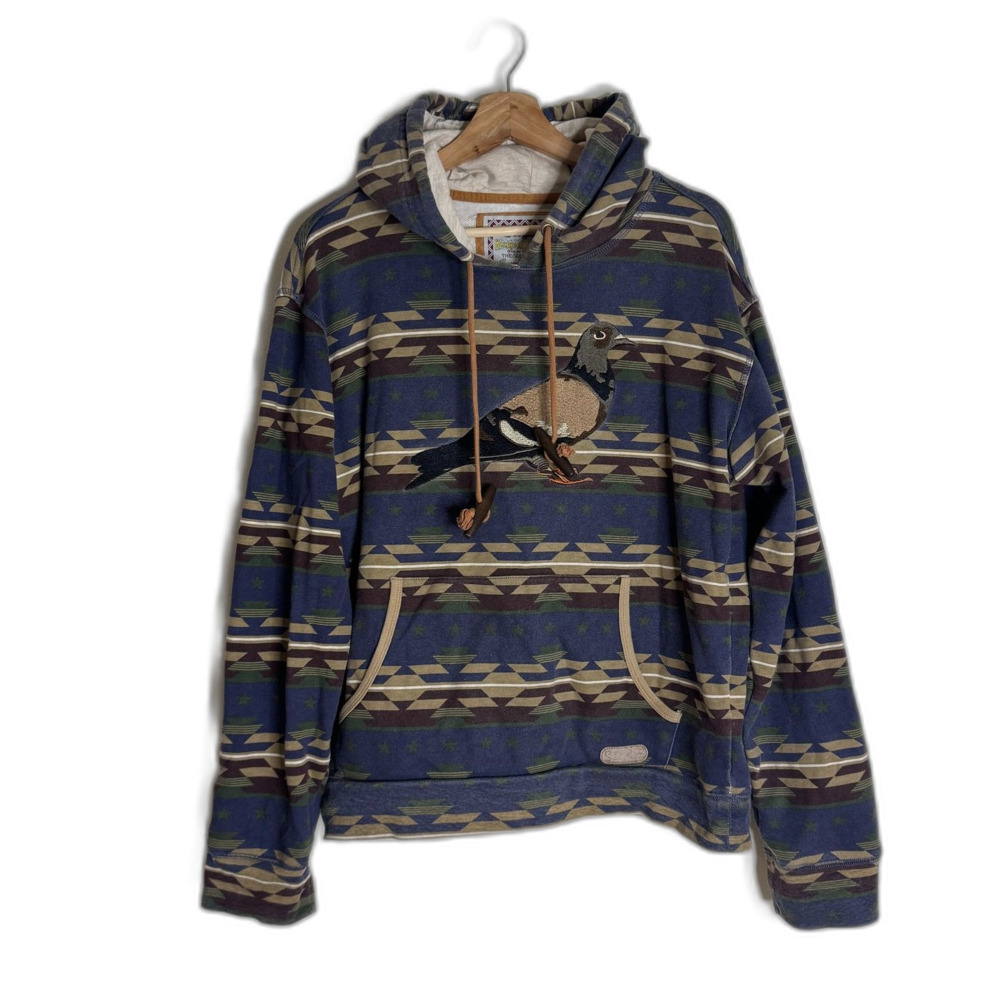 Staple Hoodie Mens Large Blue Brown Southwest Pattern Pigeon Embroidery Pullover